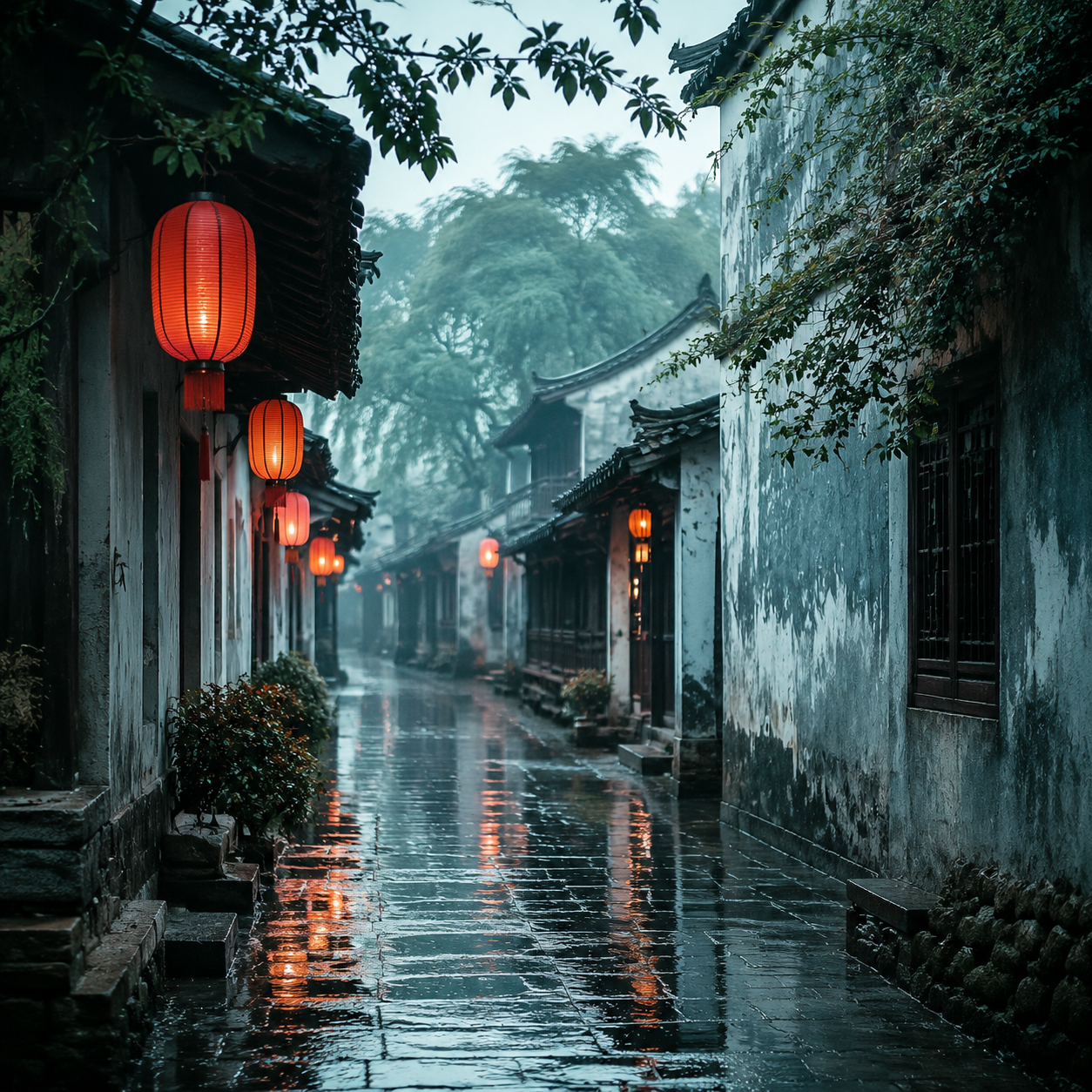 雨后街巷里的国风颜色