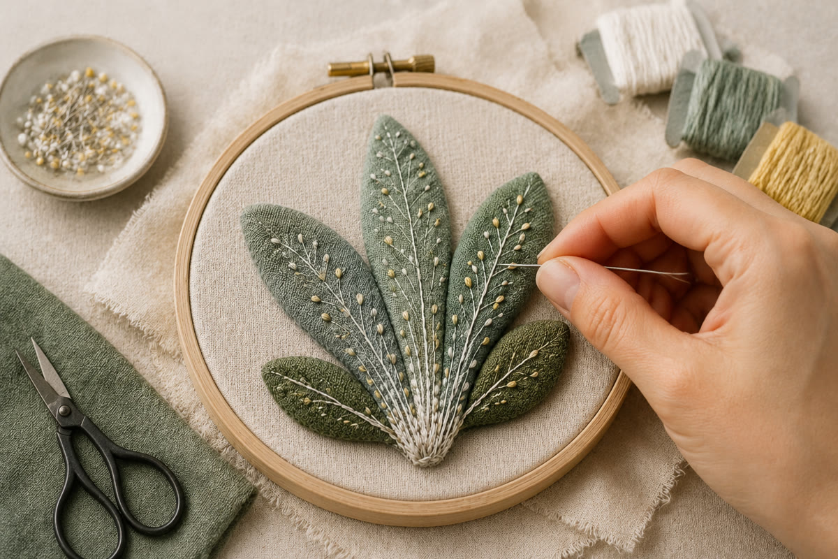 植物布艺胸针叠层与顺向针脚制作过程