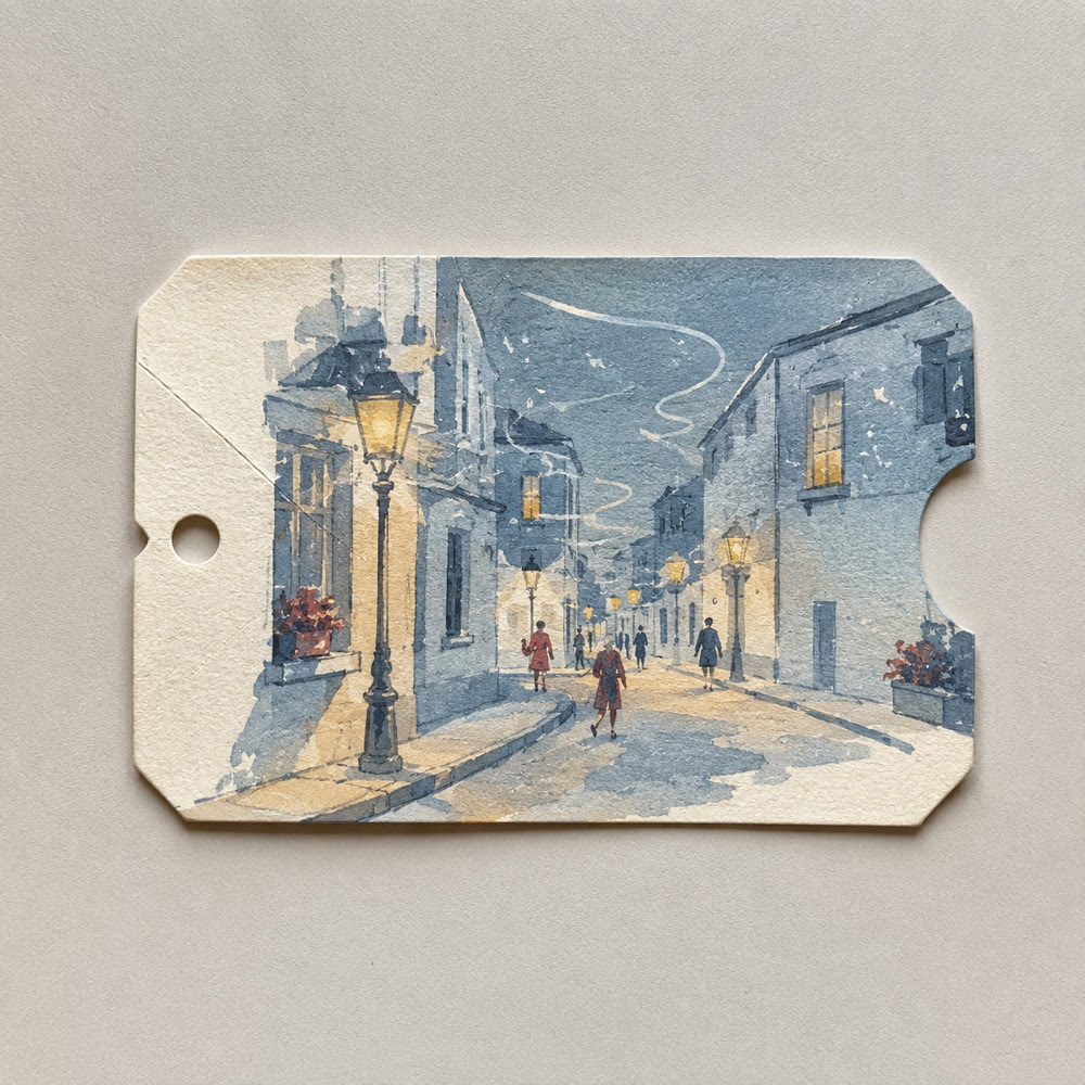 雾蓝暖黄与砖红配色的票形城市记忆插画